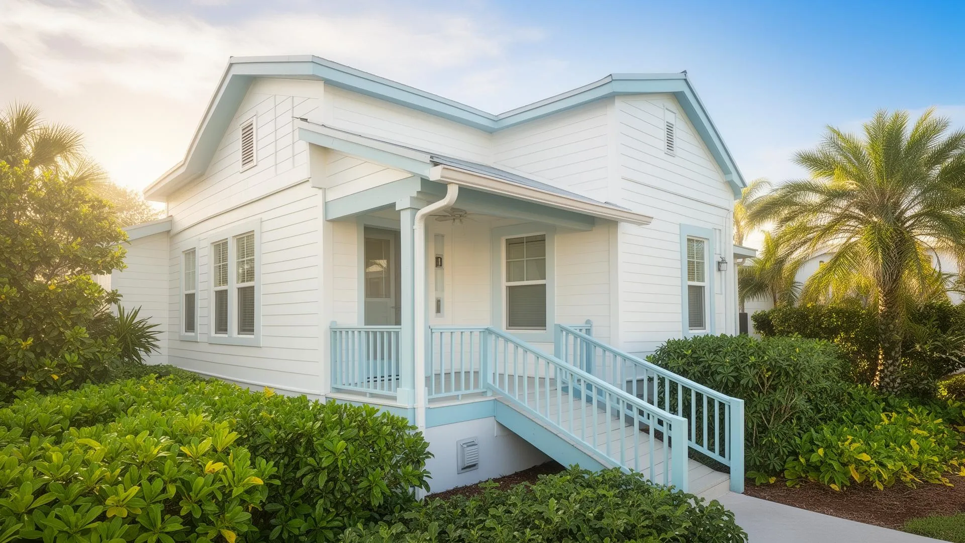 A welcoming coastal Florida home with a gentle accessibility ramp leading to the front porch